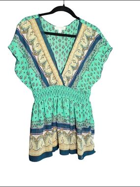 Smocked Waist V-Neck Tunic in Mint Green with Paisley Border
